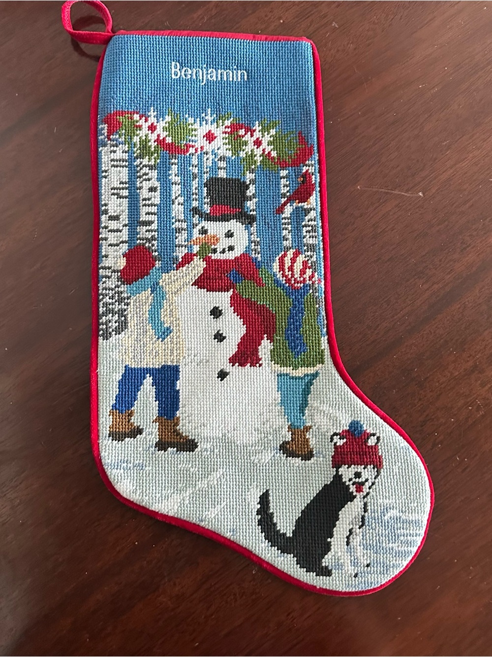 LL Bean Needlepoint 18" Christmas Stocking Snowman Dog Monogrammed Benjamin